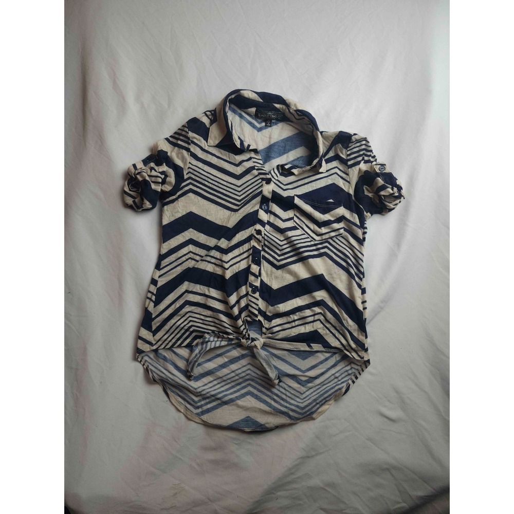 Almost Famous Shirt Top Womens M Beige Blue Striped Roll Tab Sleeve Button Up